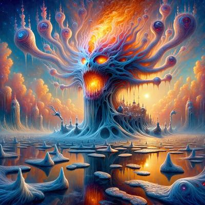The primary subject of the image is a large, intricate, and surreal sculpture of a creature with a face and a fire in its mouth. The sculpture is made of a combination of blue and orange colors, giving it a vibrant and striking appearance. The setting is a dark, moody environment, with the sculpture standing in a pool of water. The visual style of the image is a digital art or illustration, showcasing the artist's creativity and skill in crafting this unique and captivating